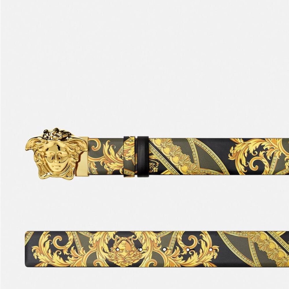 $650 Versace Baroque print Barocco La Medusa buckle reversible leather belt - Picture 2 of 7